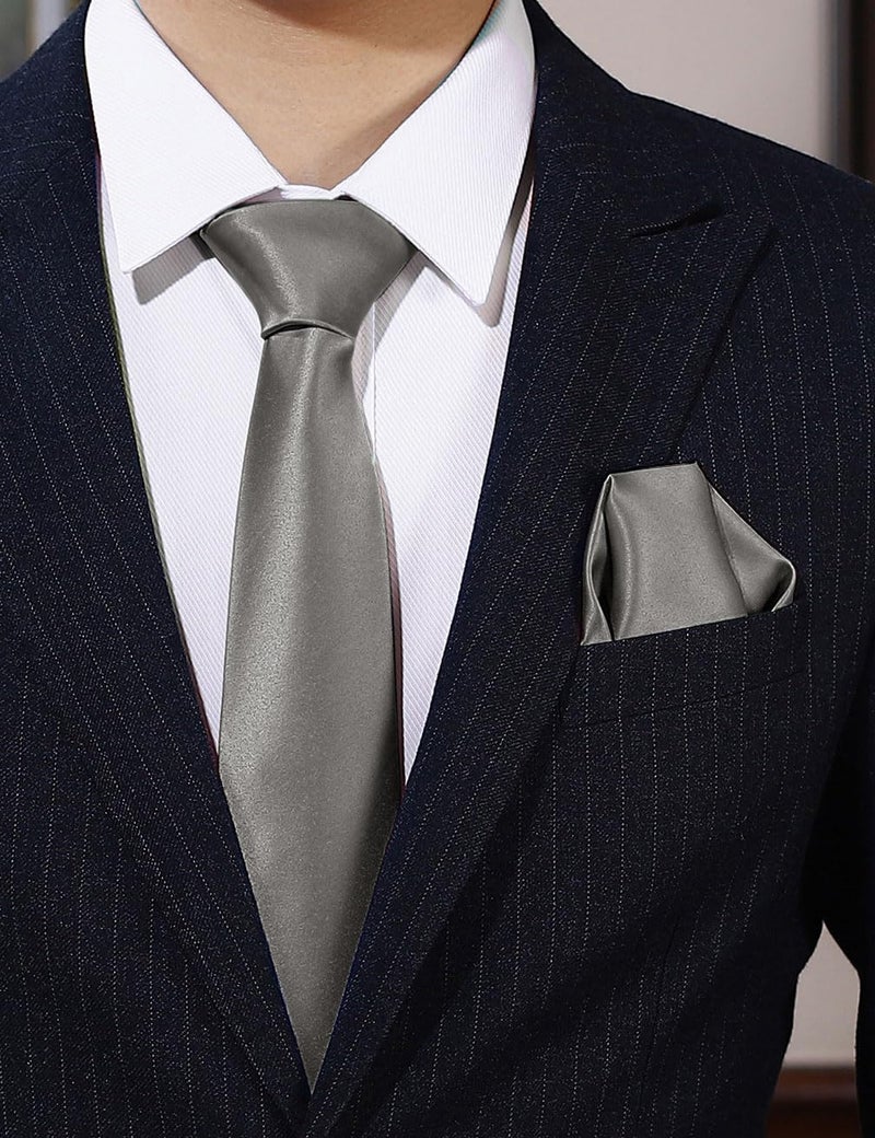 pensee Men's Tie Set Solid Pure Color 3.15" (8CM) Classic Formal Plain Necktie and Pocket Square Set For Men - Image 2